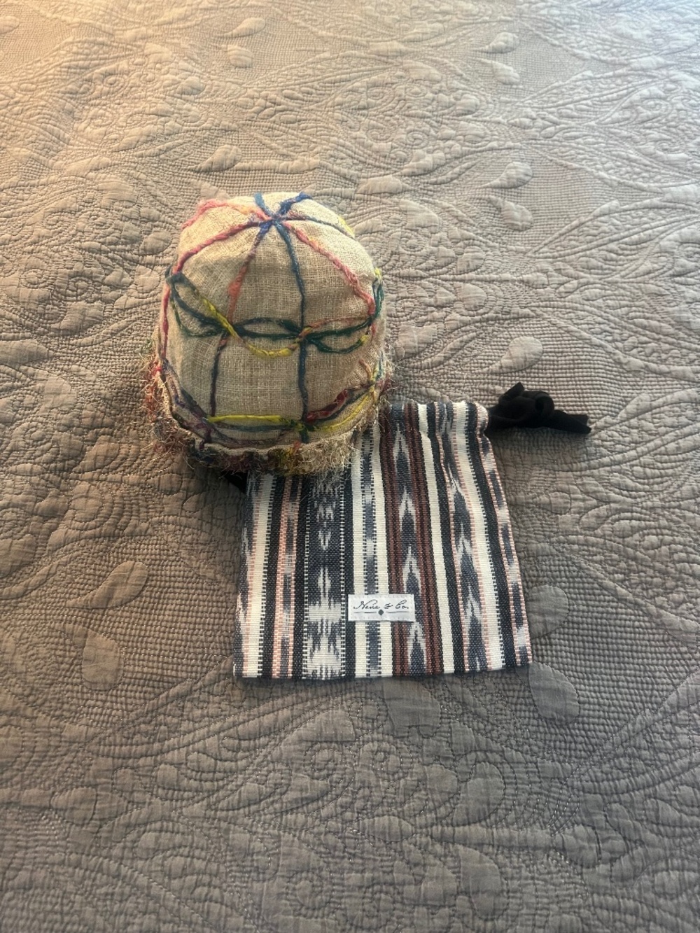 Vintage Nepal Handmade Festive Hat or Cap and Nena & Co. Woven Drawstring Pouch